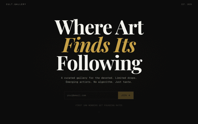 Cult.gallery hero with gold serif headline Where Art Finds Its Following