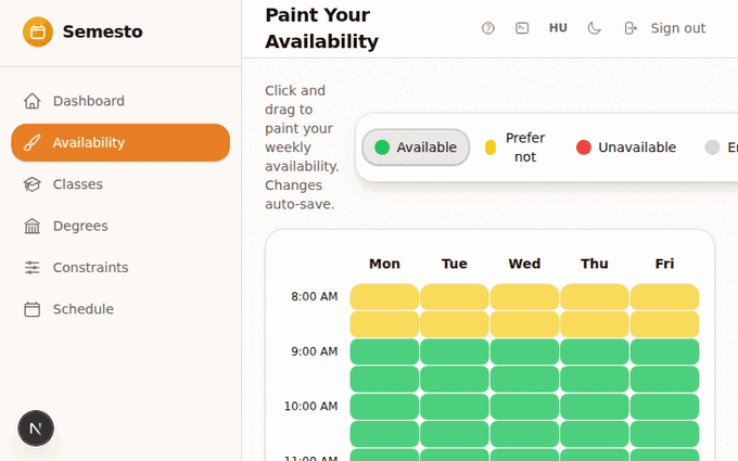 Semesto availability grid where professors paint their weekly schedule